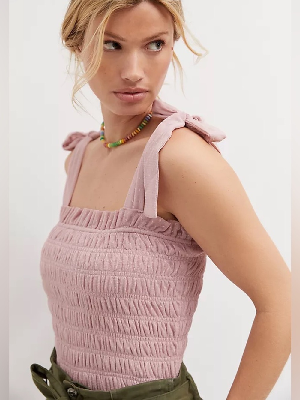 Anthropologie Blush Smocked Tie-Shoulder Cami